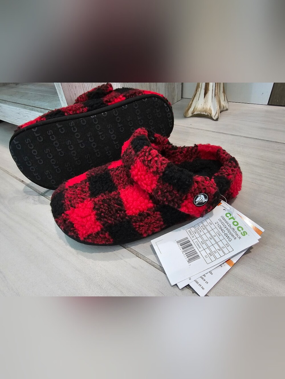 CROCS Kids Red & Black Fuzzy Buffalo Plaid Slippers Size J2 New